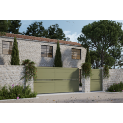 •	Ambiance 3D - coulissant et portillon Tesselle - remplissage lames 280 mm horizontales - lichen