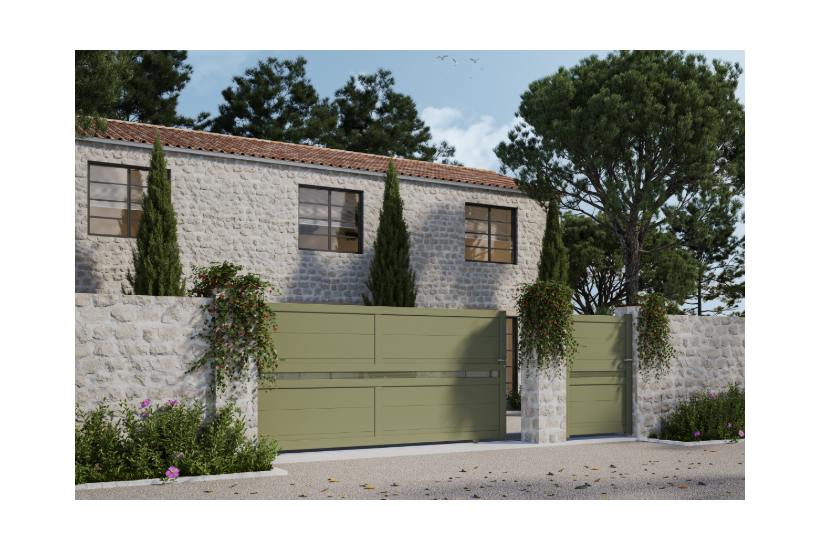 •	Ambiance 3D - coulissant et portillon Tesselle - remplissage lames 280 mm horizontales - lichen