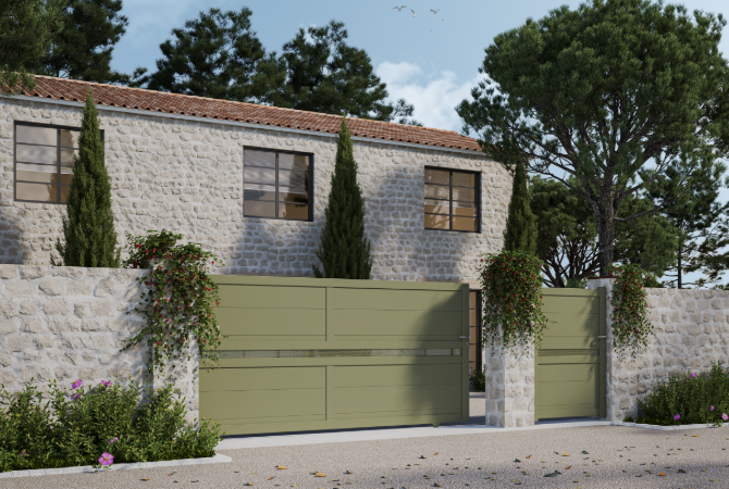 • Ambiance 3D - coulissant et portillon Tesselle - remplissage lames 280 mm horizontales - lichen • Ambiance 3D - coulissant et portillon Tesselle - remplissage lames 280 mm horizontales - lichen