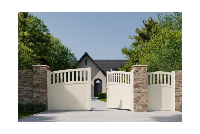 •	Ambiance 3D - 2 vantaux et portillon Levant - forme E - Ivoire clair RAL 1015