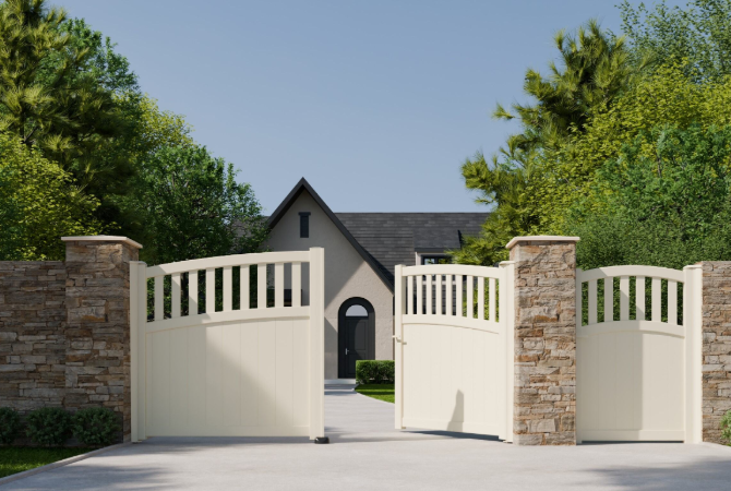 • Ambiance 3D - 2 vantaux et portillon Levant - forme E - Ivoire clair RAL 1015 • Ambiance 3D - 2 vantaux et portillon Levant - forme E - Ivoire clair RAL 1015
